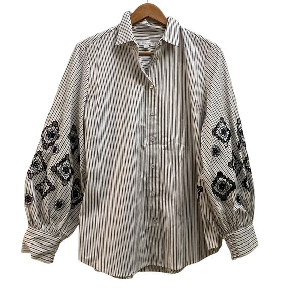 Chico’s 1.5 Embroidered Balloon Sleeve Shirt | US 10, Striped, Button Front - Picture 9 of 9